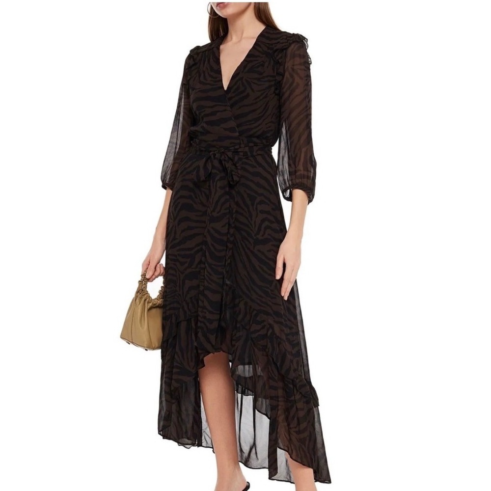 ba&sh Lady Dress Zebra Print Brown Black Wrap High-Low Ruffle Viscose XS